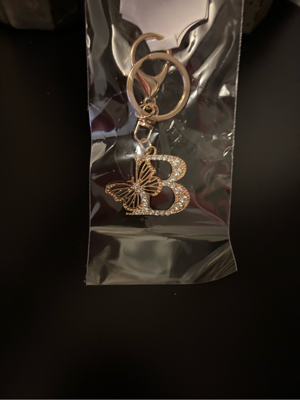 Rhinestone Initial 'B' Keychain with Butterfly Charm - Gold